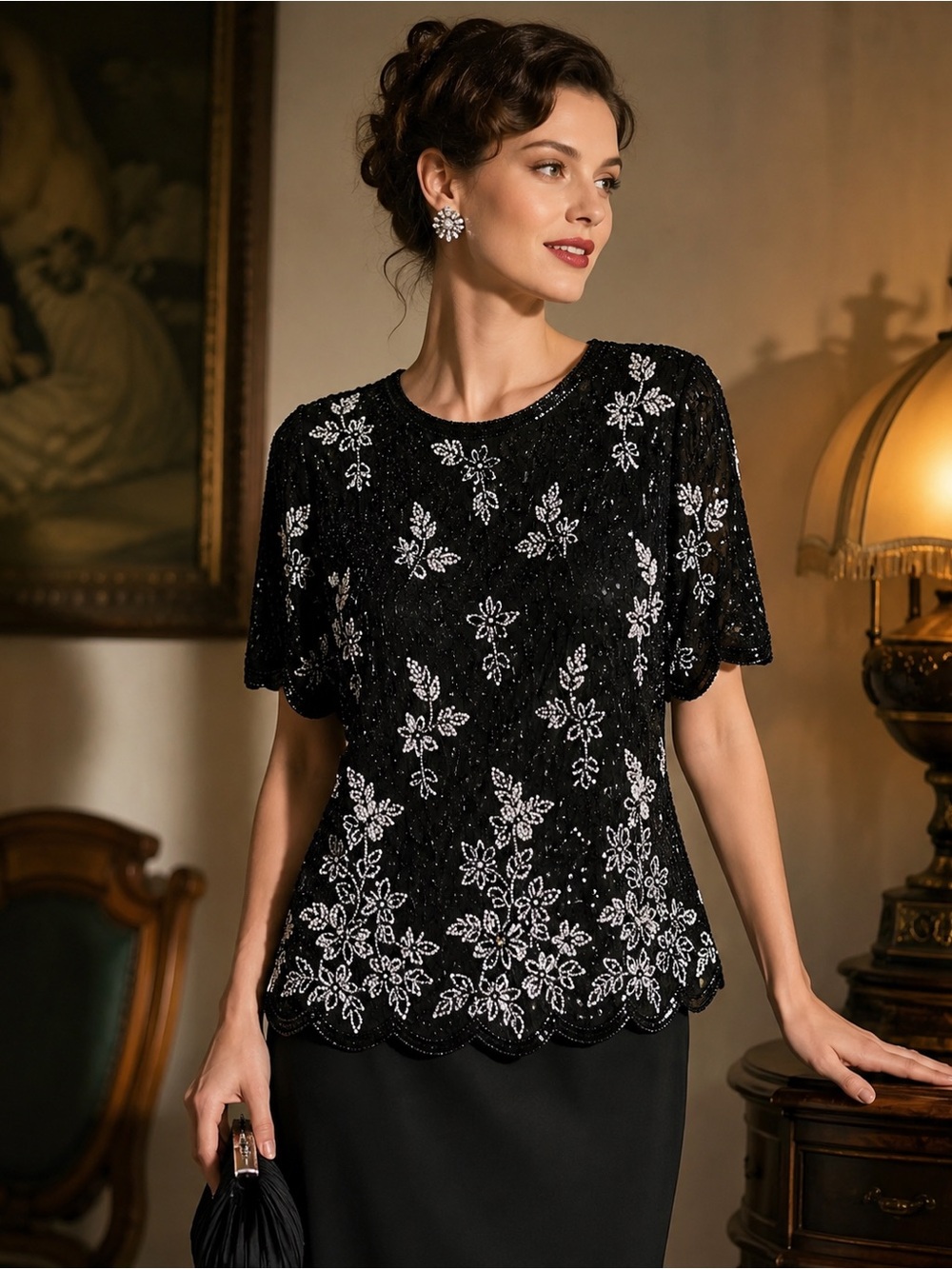 Vintage Lawrence Kazar 100% Silk Hand Beaded Floral Evening Top Black M Evening